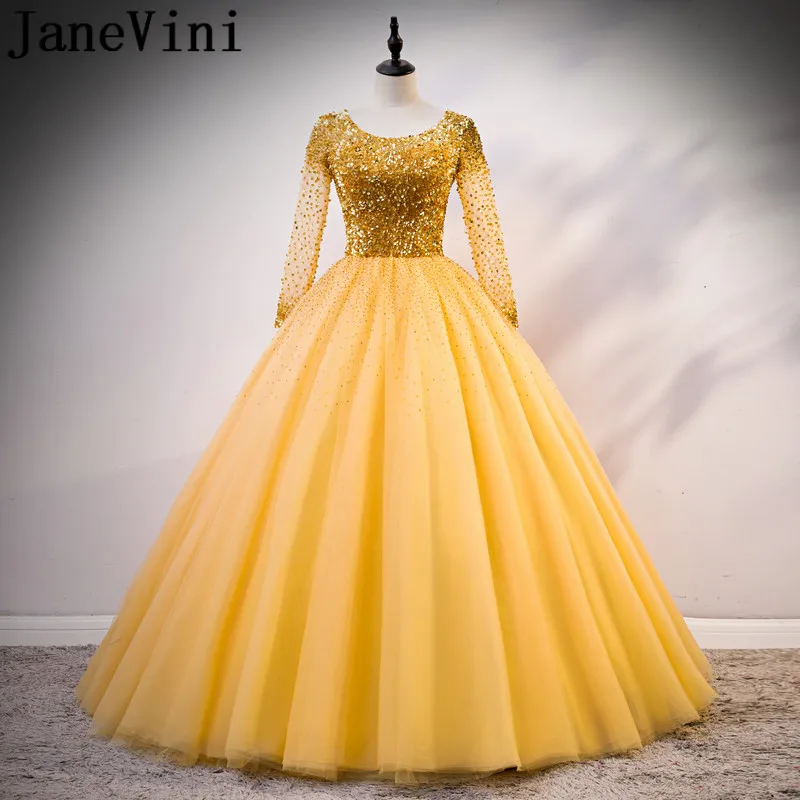 JaneVini Luxury Gold Beaded Long Sleeve Quinceanera Dresses Sparkly ...