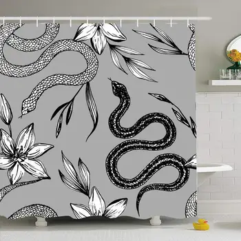 

Shower Curtain Set with Hooks 72x78 Design Silhouette Decor Pattern Lily Hand Drawn Ink Snake Tattoo Animals Wildlife Nature