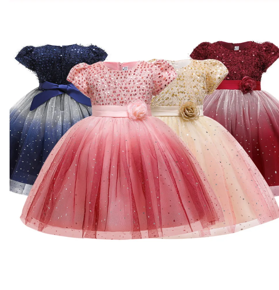 ; платье с цветочным узором для девочек со звездным небом; вечерние платья принцессы с короткими рукавами и блестками; одежда для малышей на свадьбу; От 3 до 10 лет; E5161