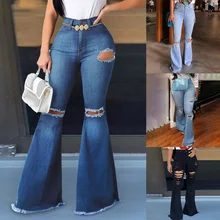 2020 Harajuku Flare Jeans Pants Women Retro Ripped Jeans Wide Leg Denim Trousers Ladies Casual Bell-Bottoms Flare Pant Female