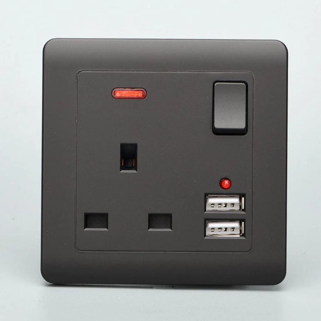 Electrical Wall Socket UK Plug with 2 USB Port Outlets Plate Universal Black