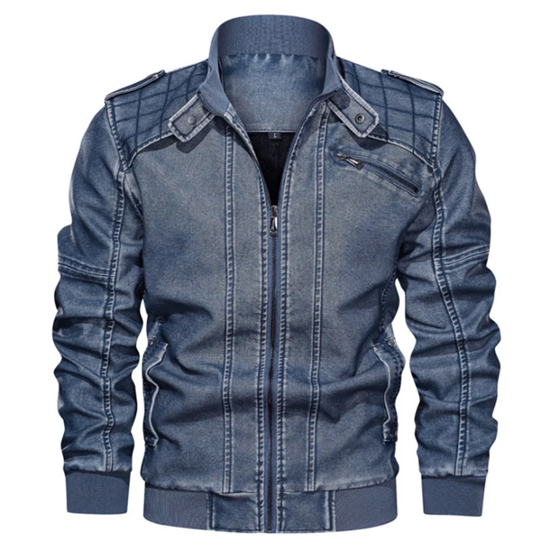 Новая стильная кожаная мужская куртка, повседневная мотоциклетная кожаная куртка с карманами на молнии, мужская кожаная замшевая куртка, куртка-бомбер, верхняя одежда, 6XL - Цвет: M811Blue