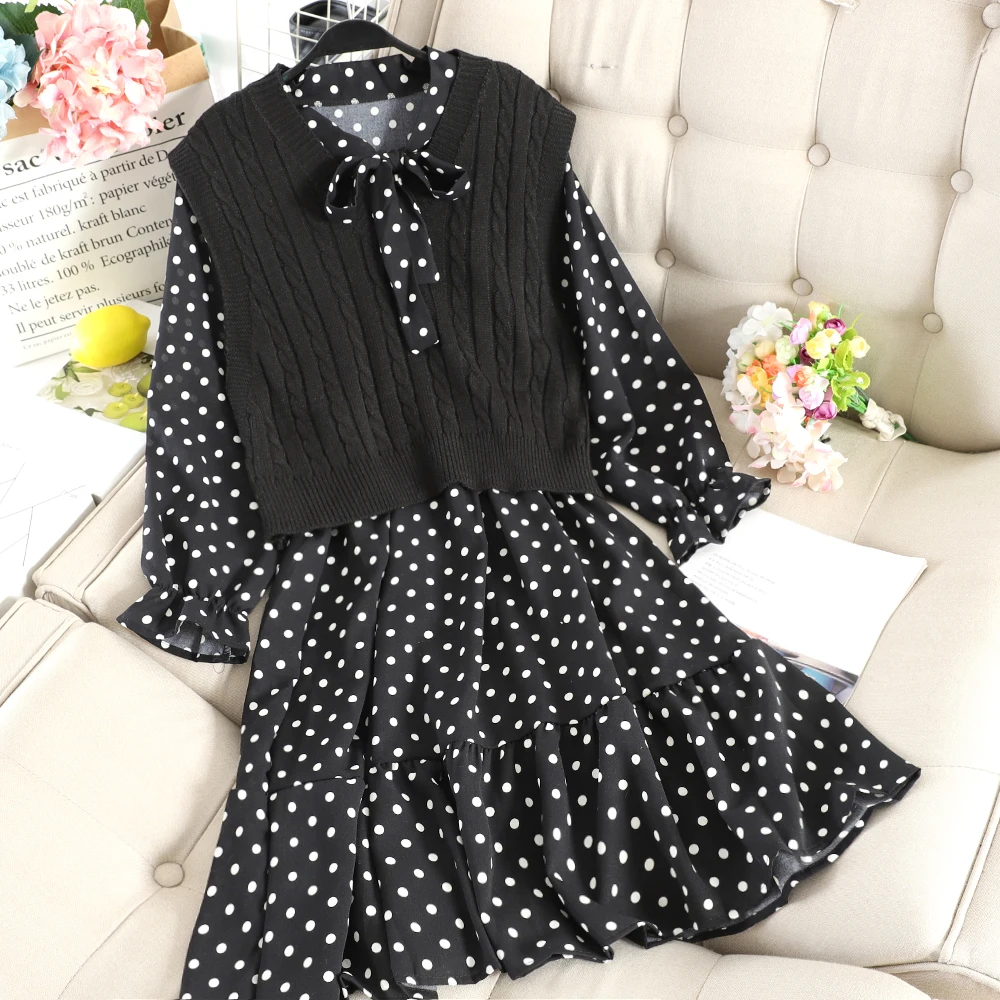 Women Dress 2 шт., Женский Осенний бандажный кардиган с воланами, с расклешенными рукавами, на бретелях, в горошек, трикотажное платье с бантом, эластичный тонкий пуловер, Вечерние Платья Миди - Цвет: Women Dress