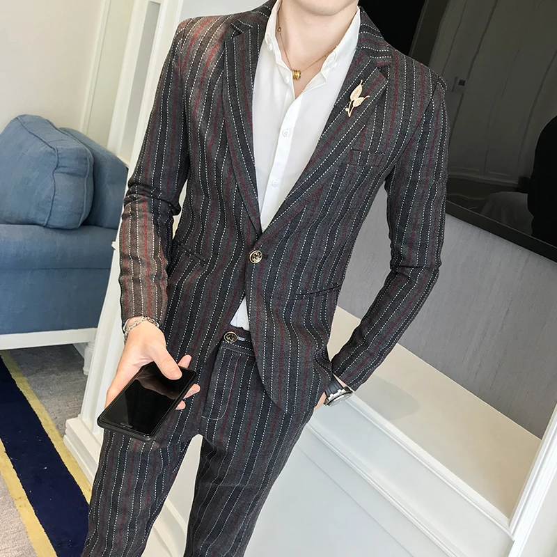 

Stripe Suits Men 2020 Spring Casual Slim Mens Suit 2 Piece Set Mens Suits with Pants Wedding Groomman Tuxedos Terno Masculino