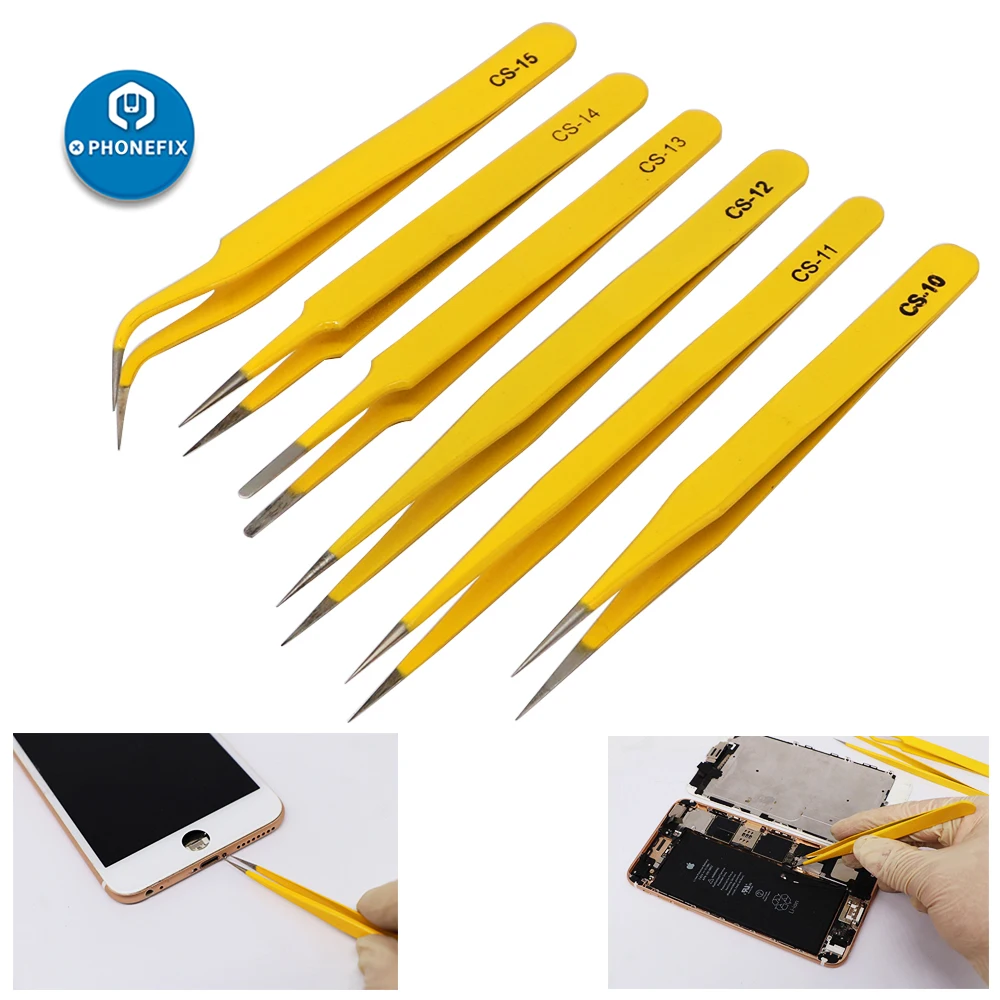 

6pcs Industrial Tweezers Anti-static Precision ESD Tweezers Electronics Mobile Phone Motherboard Repair Stainless Steel Forceps