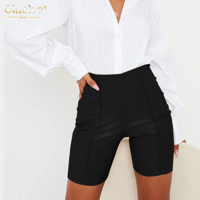 Clacive Spring Khaki Pu Leather Shorts Women 2021 Fashion Elastic High Waist Ladies Shorts Casual Slim Gym Fitness Booty Shorts