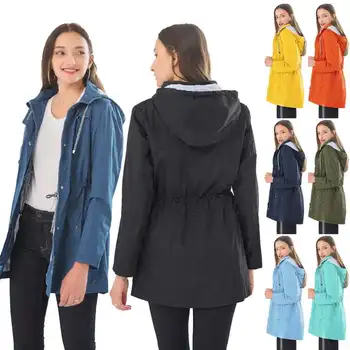 

Womens waterproof Long sleeves Waist collection Hooded windbreaker Medium length fund Autumn Rain jacket coat overcoat outerwear