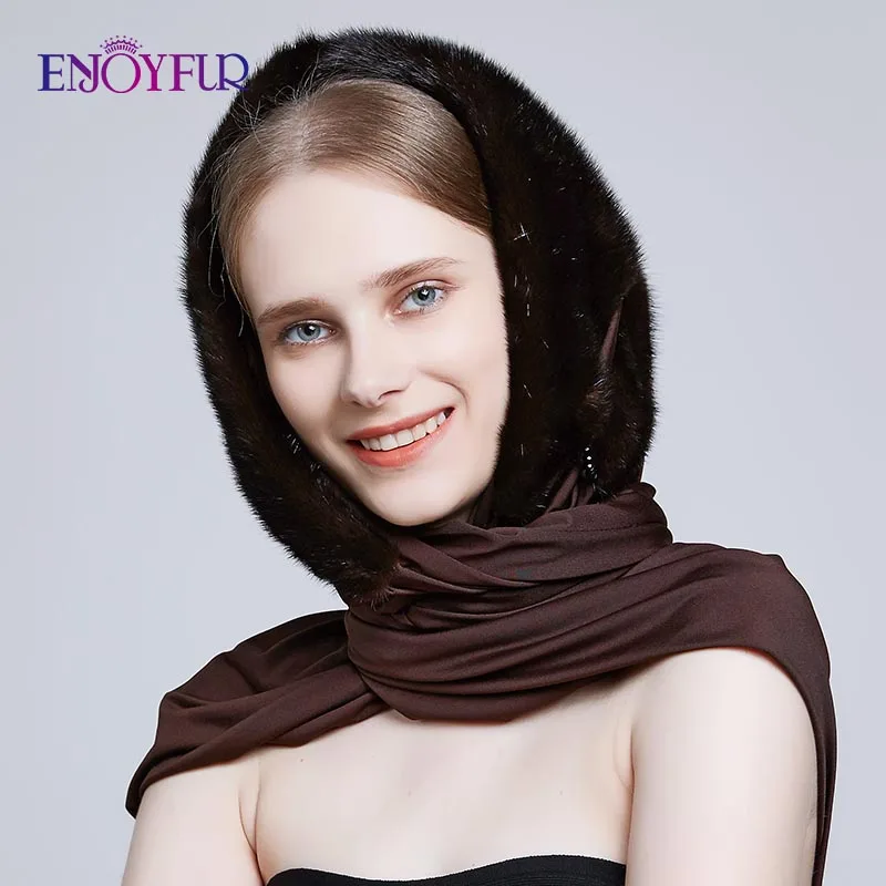 Женская шапка бини ENJOYFUR, элегантная шапка из натурального меха норки с шарфом на зиму