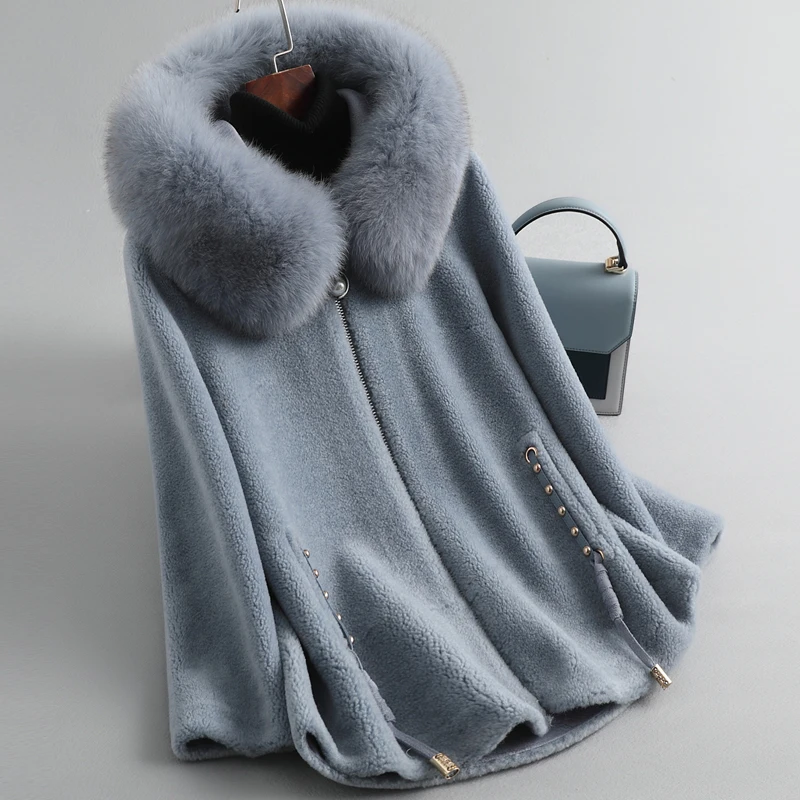 Light Blue Пальто из натурального меха женская одежда стрижка овец шерстяное пальто парка с воротником из натурального меха лисы зимнее пальто для женщин 918193 YY2347 - Цвет: Light Blue