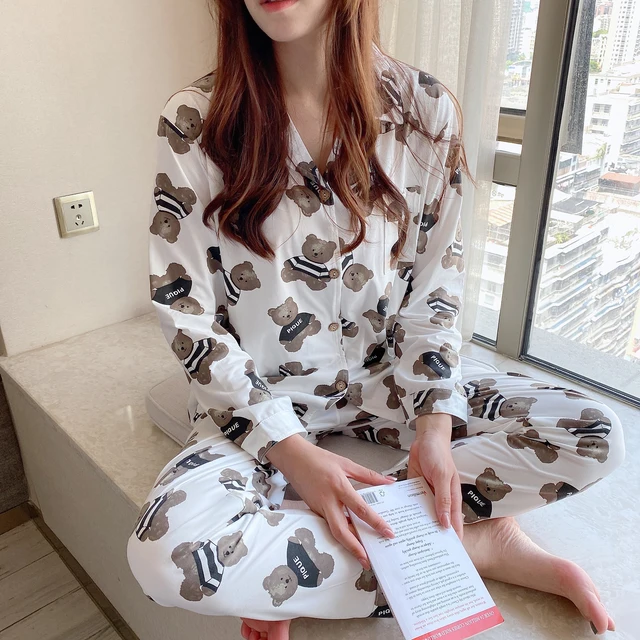 CAIYIER Autumn Winter New Sleepwear Set Women Turn-down Collar Pajamas Cute Cartoon Pattern Button Top+Pants Leisure Home Wear 908-24