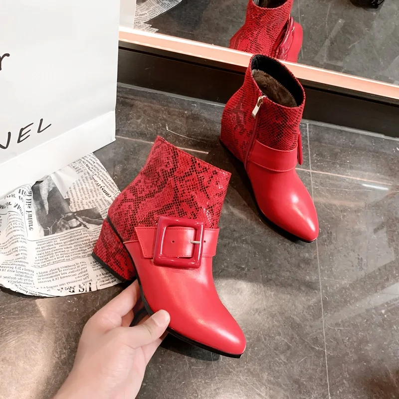 ZVQ/Высококачественные ботинки из натуральной кожи; женские ботильоны на молнии; сезон осень-зима; цвет красный, черный; с цветочным принтом; женская обувь на высоком каблуке - Цвет: red