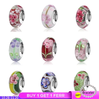 

Murano Glass Beads Sterling Silver 925 Colorful Flower Charms Fit Original Pandora Bracelets Jewelry Making for Gift Wholesale