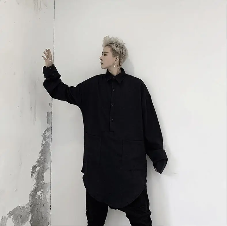 M-XL! Весенняя новая темная Мужская рубашка с длинными рукавами, стилист волос, молодежная трендовая мужская повседневная Однотонная рубашка