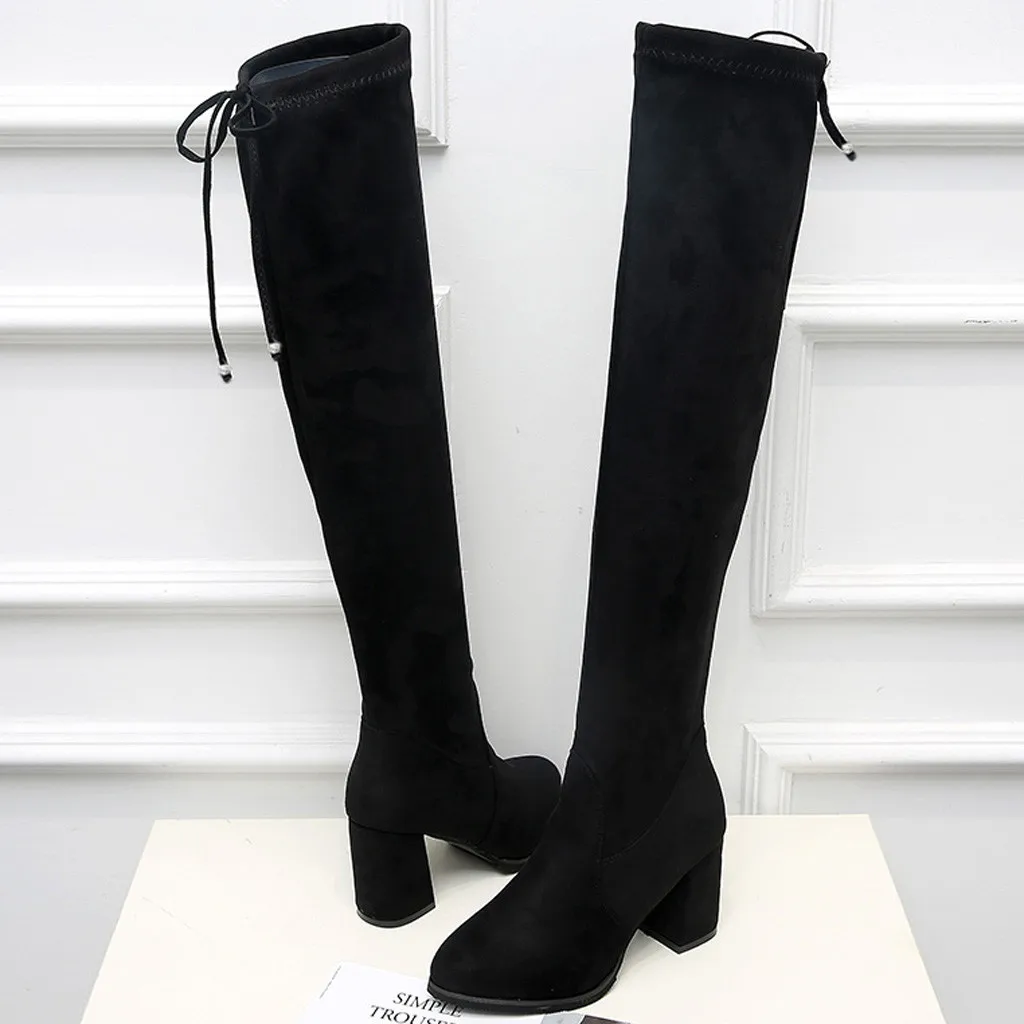 Женские высокие сапоги до бедра; пикантные ботфорты выше колена; зимние черные высокие сапоги; стильная женская замшевая обувь на высоком каблуке; повседневная обувь