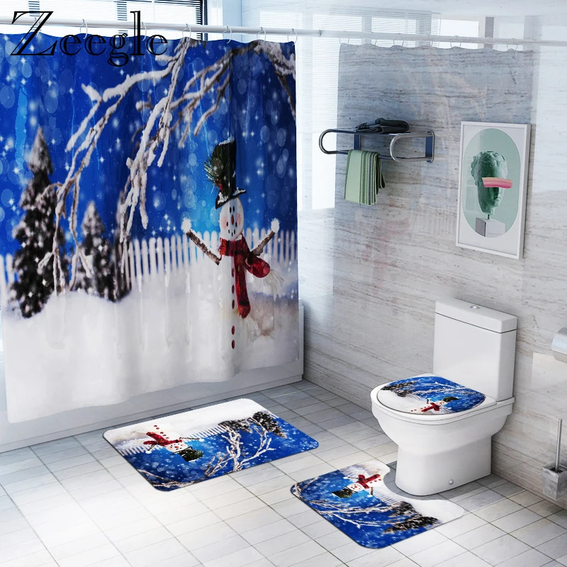 Bathroom Curtain Waterproof Shower Curtain Bath Mat Set Absorbent Toilet Pedestal Rug Shower Carpet Soft Toilet Cover Seat Mat