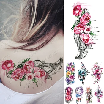 

Waterproof Temporary Tattoo Sticker Romantic Peony Flowers Roses Flash Tattoos Leaves Body Art Arm Fake Sleeve Tatoo Women Men
