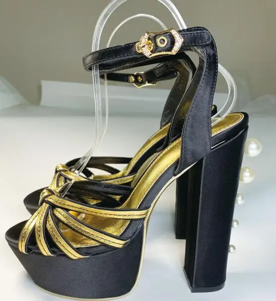 

Moraima Snc Vintage High Heel Sandal Bohemia Style Peep Toe Platform Thich Heels Woman Shoes 14CM Pearls Decorations Heels