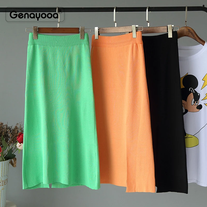 Genayooa высокая Талия Bodycon элегантная миди юбка-карандаш для женщин осень зима офисные женские вязаные черные юбки корейский Harajuku