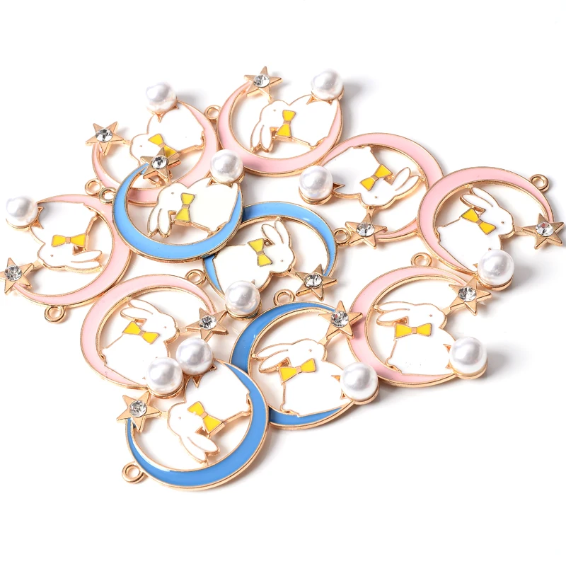 

Cute Cartoon Moon Rabbit Charms Pendants 10Pcs 30*34mm Enamel Metal Small Charms For DIY Jewelry Making Bracelet Accessories