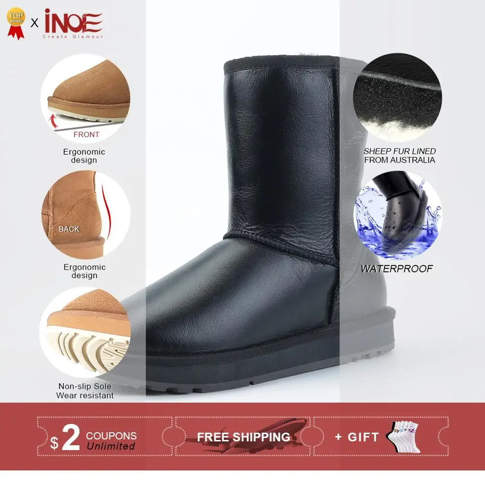 Comprar INOE Classic piel de oveja forrado de piel y lana botas de invierno a media pantorrilla para mujer botas de nieve básicas zapatos impermeables negro gris