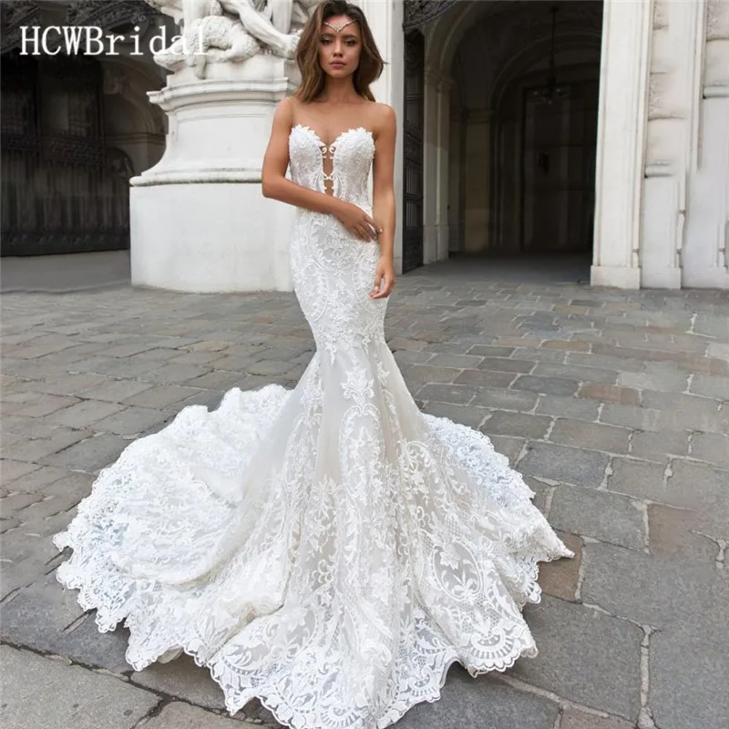 Robe De Mariee Sirene великолепные кружевные свадебные платья Дубай с коротким шлейфом без рукавов роскошное платье невесты на заказ - Цвет: Бежевый