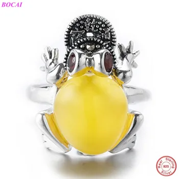 

BOCAI S925 sterling silver female rings retro made old inlaid jade garnet red corundum lady Toad opening Thai silver ring