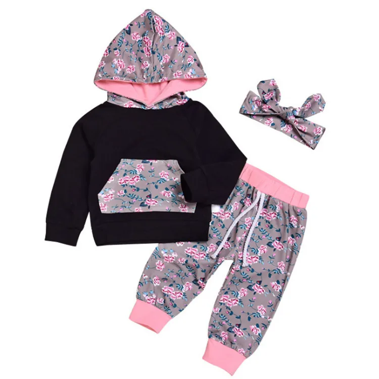 

Spring And Autumn New Style INS Hot Selling Girls Baby Three-piece Set Infant Hooded Tops + Trousers + Hair Band CHILDREN'S Suit
