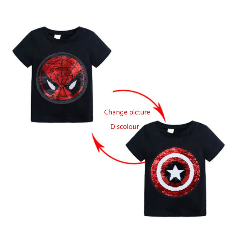 Летняя детская футболка для маленьких мальчиков; Модный двусторонний топ для девочек с изображением героев мультфильма «Супергерои», «Человек-паук», «Бэтмен»; детская одежда - Цвет: Black