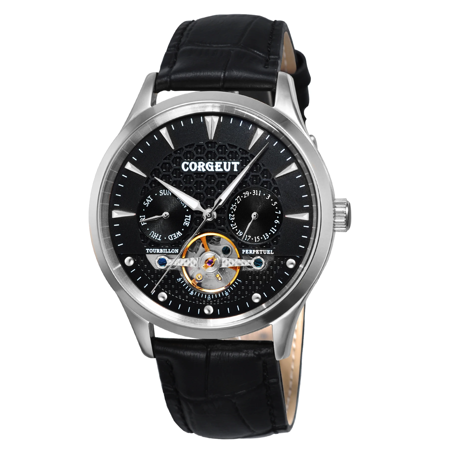 

Corgeut 44mm Watch Arched Glass Black Dial Date & Day Men's Automatic Watch D6