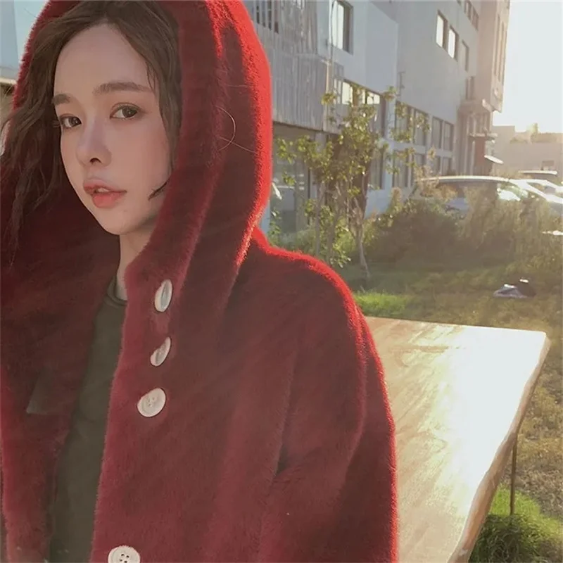 Mink Fluff Hooded Thick Warm Faux Fur Winter 2024 New Coat Ladies In The Trend Of Long Outcoat Clothes Korean Pink Fur Jacket