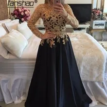 Черное вечернее платье с золотой аппликацией, длинный рукав, кружевное платье vestidos, исламское, Дубай, саудовская Арабская, вечернее платье, длинное платье для выпускного вечера