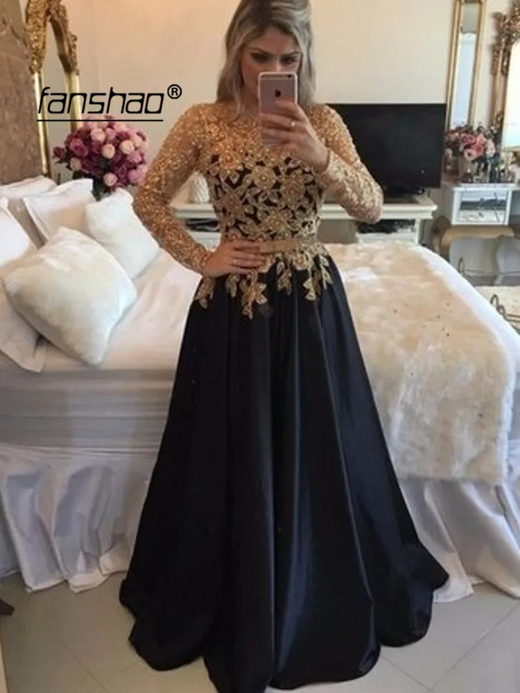 Черное вечернее платье с золотой аппликацией длинный рукав кружевное vestidos