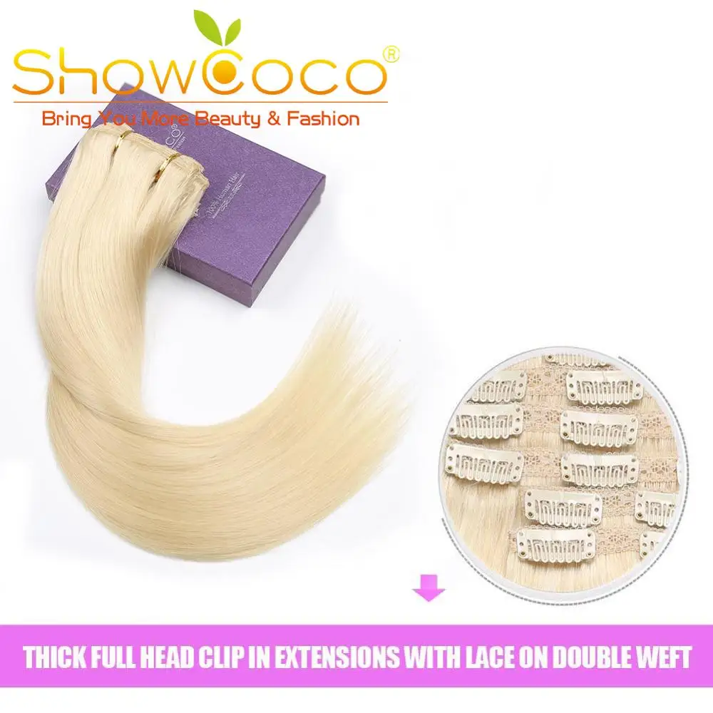 10pcs Clip in Human Straight Remy Hair 16-24 Inch ShowCoco 100% Remy hair extension Clip-on hair