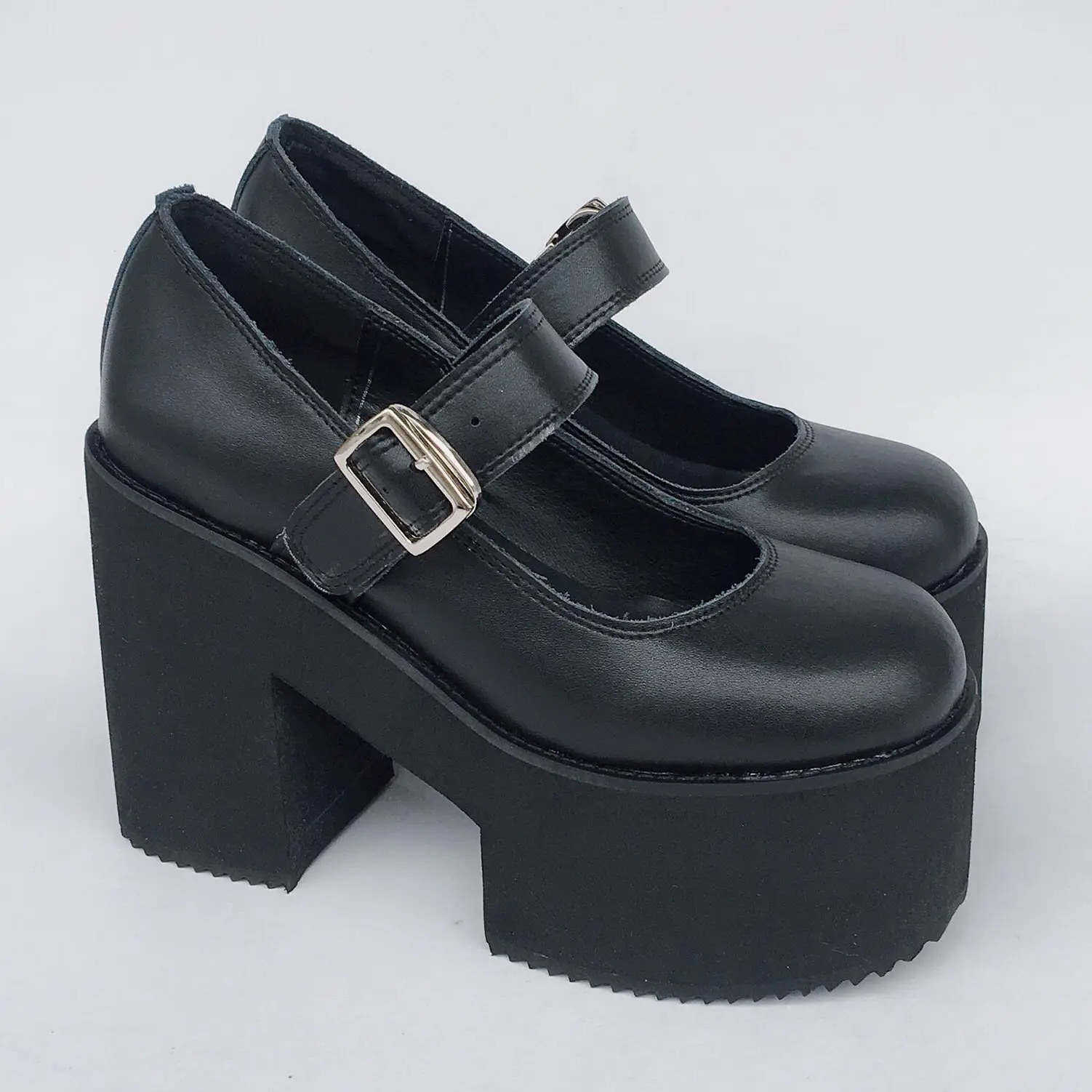 10cm Black Genuine Leather High Heel Platform Wedge Shoes Buckle Strap Pumps for Women