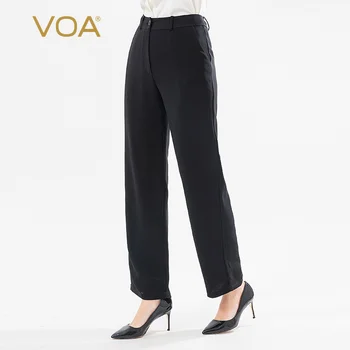 

VOA Silk 60m Frosted Black Heavy Natural Waist Slip Pocket Micro Elastic Thick Simple Plain Straight Pants K1298