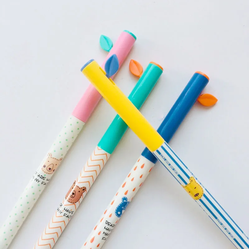 

64 pcs/lot Leaf Clickable Little Bear Gel Pen Signature Pen Escolar Papelaria School Office Supply Promotional Gift