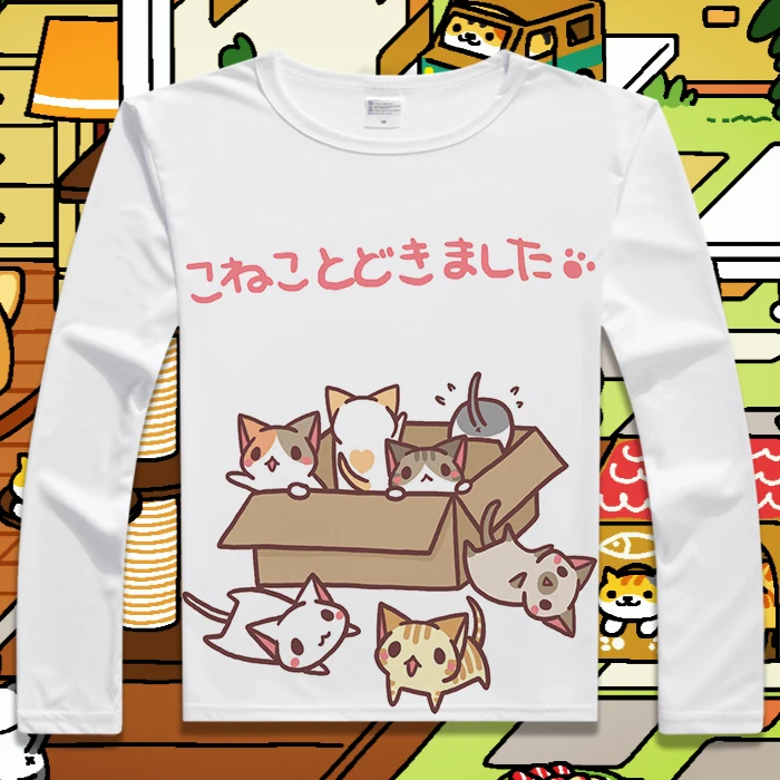 Новая Милая футболка Neko Atsume с длинным рукавом для костюмированной вечеринки, хлопковые топы для косплея в стиле аниме, футболки для мужчин и женщин, летняя футболка