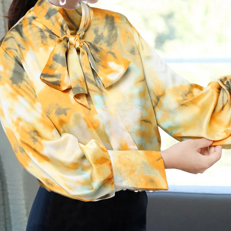 Celmia Plus Size Women Satin Blouse 2020 Fashion Top Elegant OL Bow Tie Neck Lantern Sleeve Office Shirt Casual Blusas Mujer 5XL