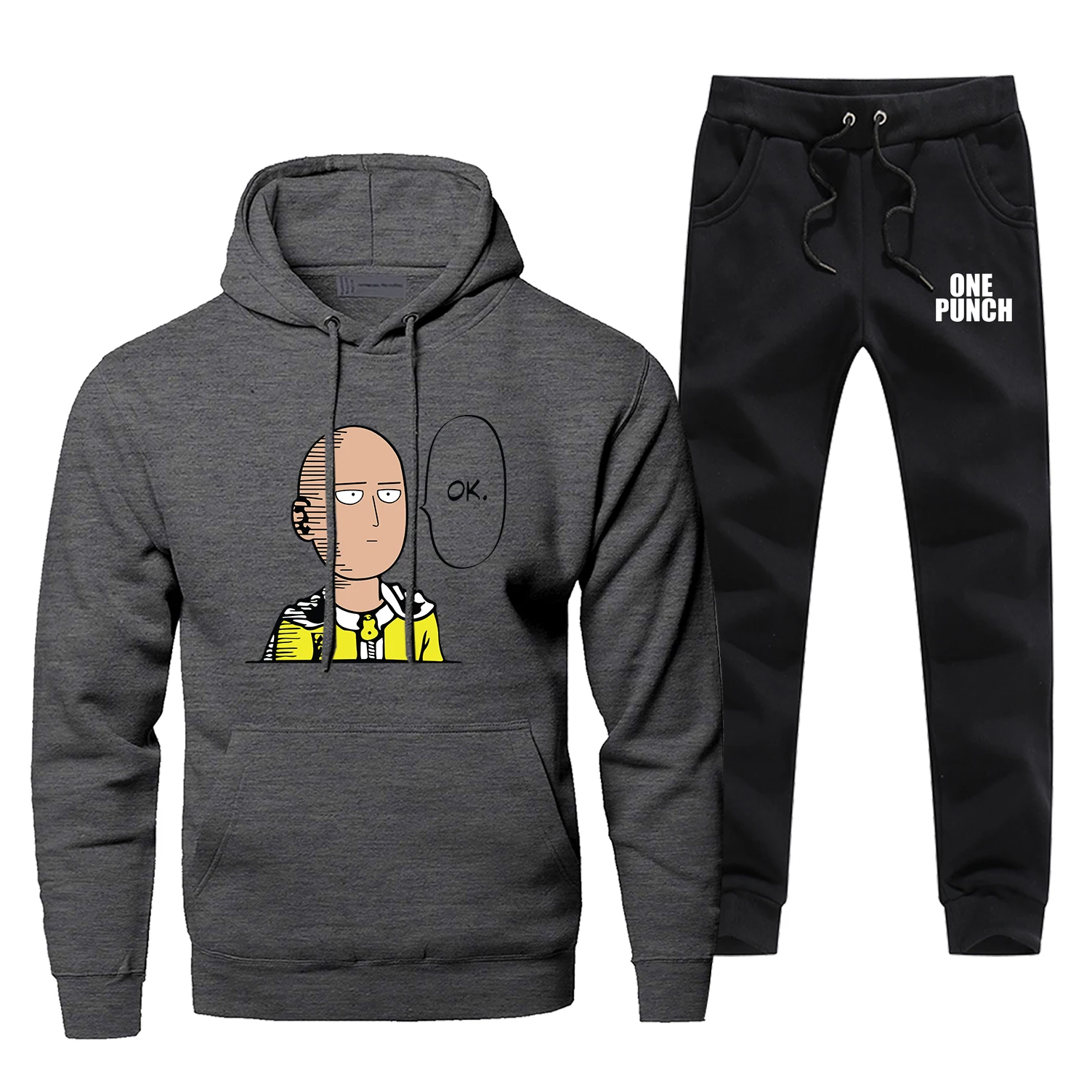 One Punch Man Saitama забавные OK мужские толстовки, свитшоты, брюки, наборы, костюм с капюшоном, спортивный костюм, 2 шт., толстовка с капюшоном, аниме, Япония, комплект пуловеров - Цвет: Dark Gray