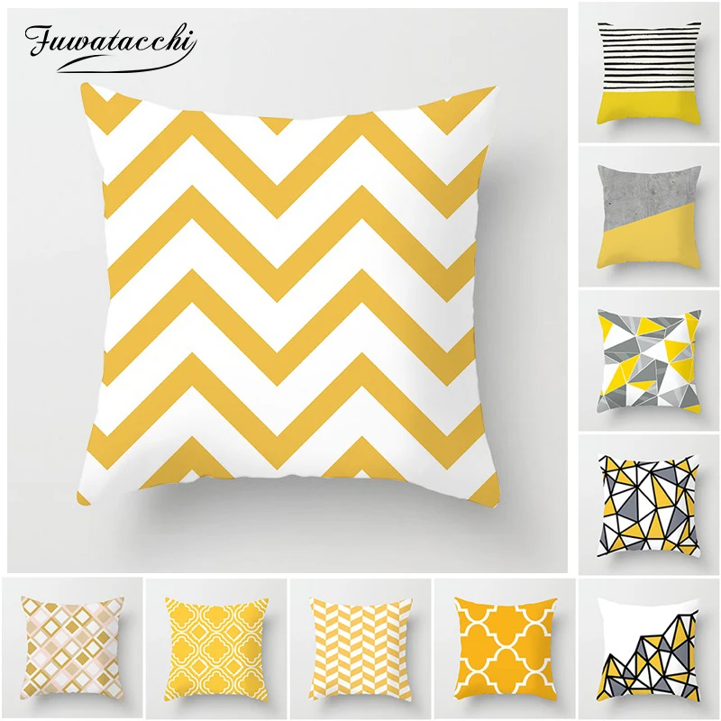 

Fuwatacchi Geometric Cushion Covers Yellow White Gray Diamond Wave Pillow Case for Home Chair Sofa Decor Square Pillowcases