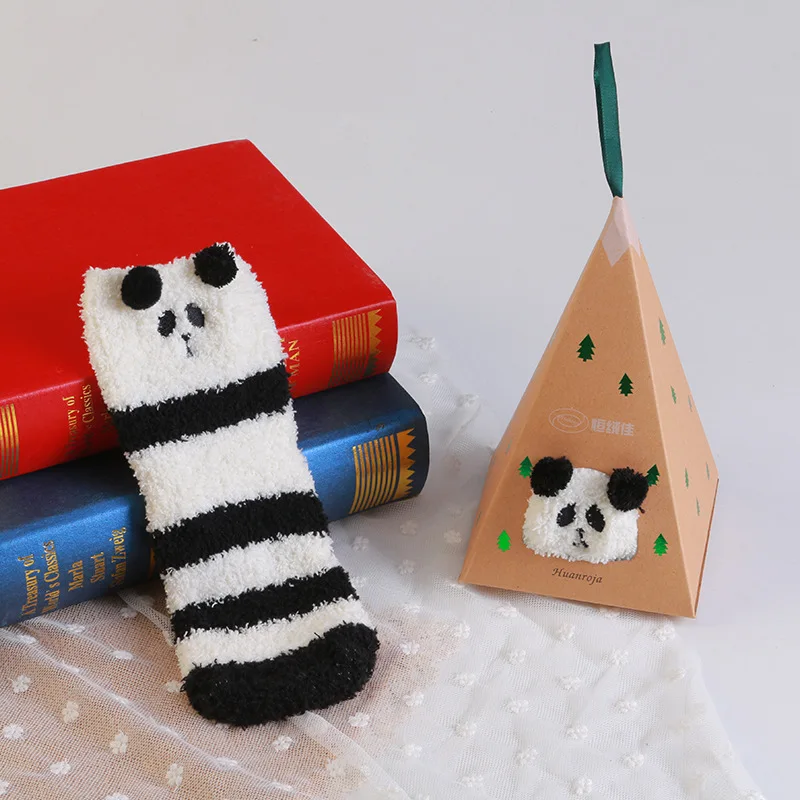 Black Stripe Panda women warm winter soft floor bed socks thick coral velvet embroidery 3D cute animal socks Christmas gift with box self assembly - Цвет: Black Stripe Panda