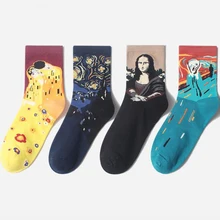 Осенне-зимние новые женские хлопковые носки, картина маслом, абстрактная Мона Лиза, повседневные ретро-носки без пятки
