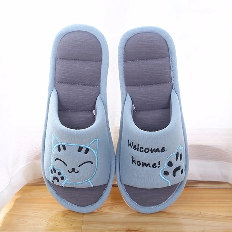 gray blue Мягкие домашние тапочки с котом; зимние хлопковые тапочки; модная домашняя обувь для женщин; удобная домашняя обувь; стиль для пары - Цвет: gray blue