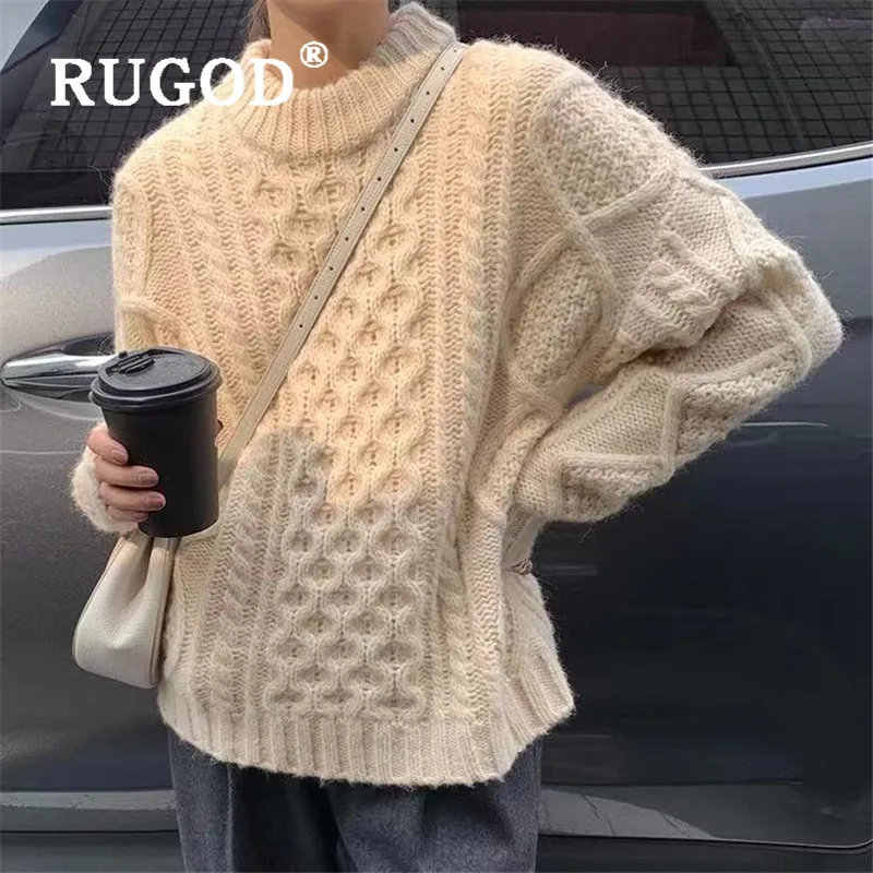 RUGOD корейский шикарный витой женский свитер элегантный круглый вырез рукав летучая мышь вязаные пуловеры осень-зима большие свитера