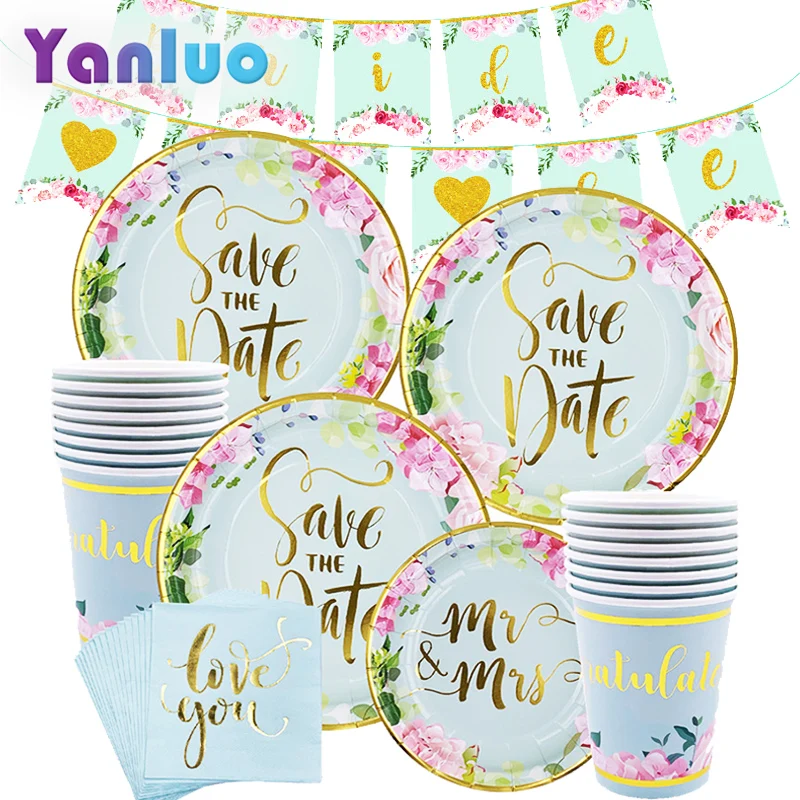

Mr Mrs Wedding Party Disposable Tableware Bronzing Paper Plate Paper Cup Straw Bride To Be Decoration Bachelor Party Supplies
