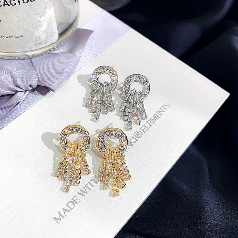 USTAR, новинка, корейский стиль, круглые стразы, серьги-гвоздики для женщин, золото, серебро, короткая кисточка, полный кристалл, серьги, модные ювелирные изделия, подарки