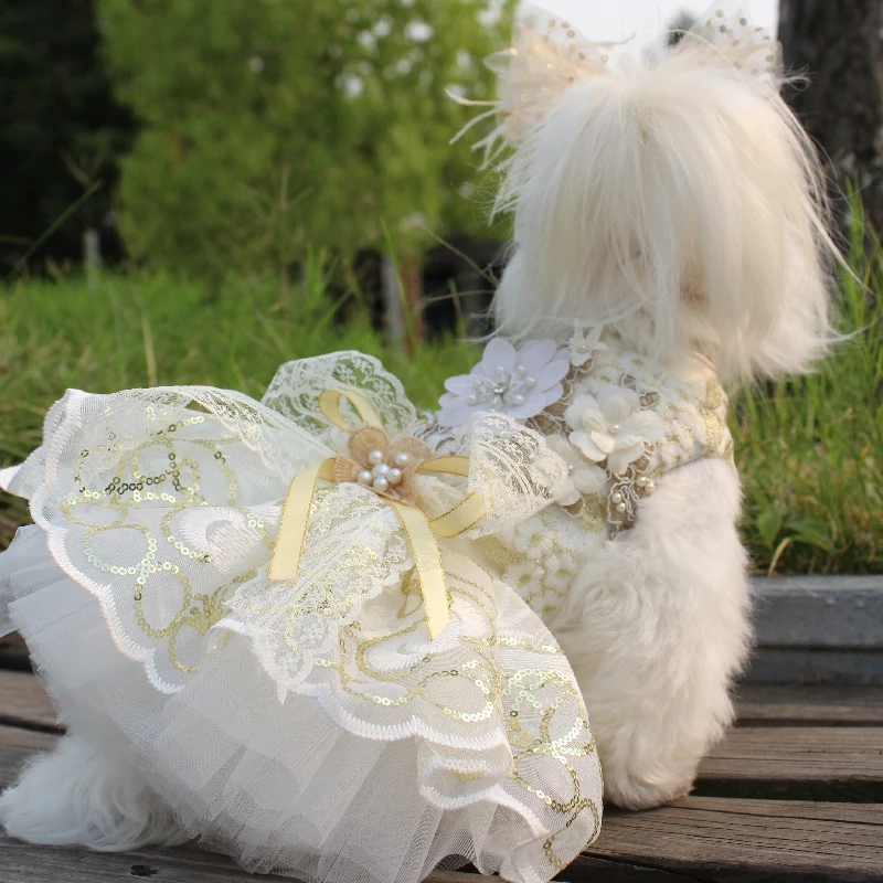 

Cute Pet Dog Evening Dress Clothes Hand-made Princess Wedding Clothes Party Pet Shirt Cat Costume Sequined Embroidered Lace Gold