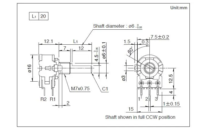 fidelidade dupla unidade rotativa potenciômetro + pcb 20mm meio eixo