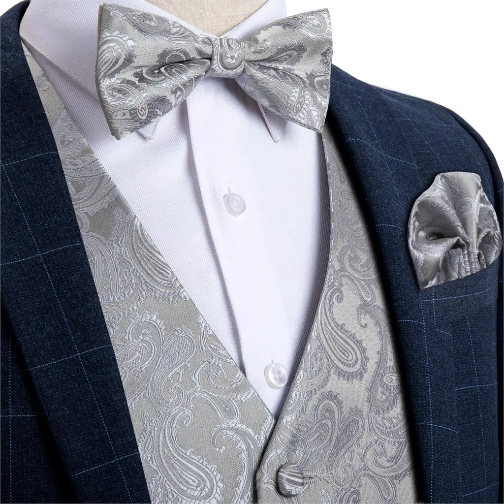 Мужские серебряные Пейсли модные свадебные мужские Шелковый жилет Галстуки носовой платок запонки набор галстуков для костюма смокинг DiBanGu MJ-110 - Цвет: MJ-110