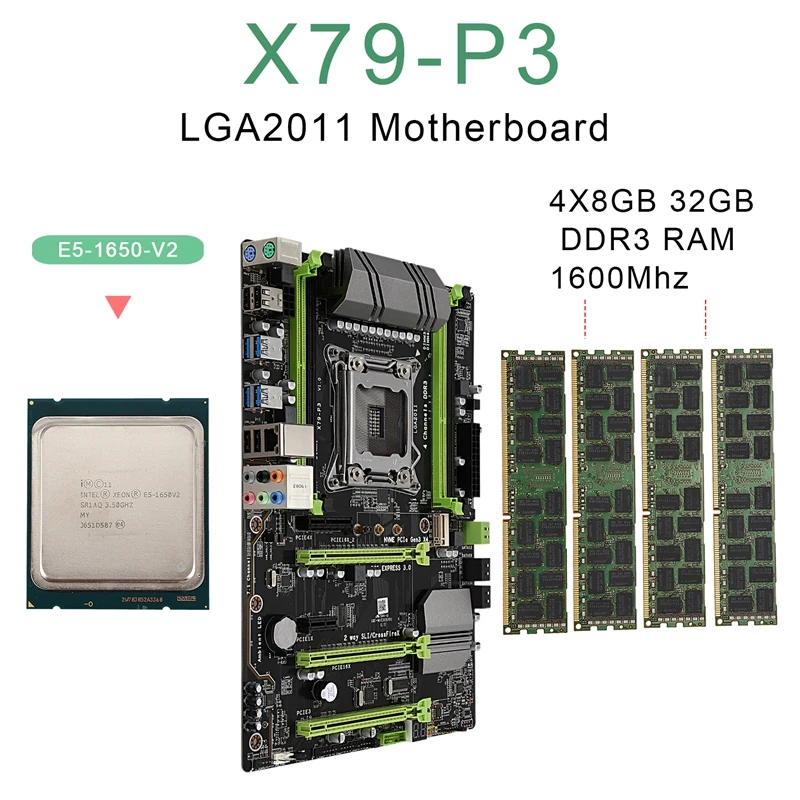 

X79-P3 LGA2011 Motherboard Combo Set with E5 1650 V2 CPU 4X8GB 32GB DDR3 RAM 4-Ch 1600Mhz REG ECC NGFF M.2 SSD Slot